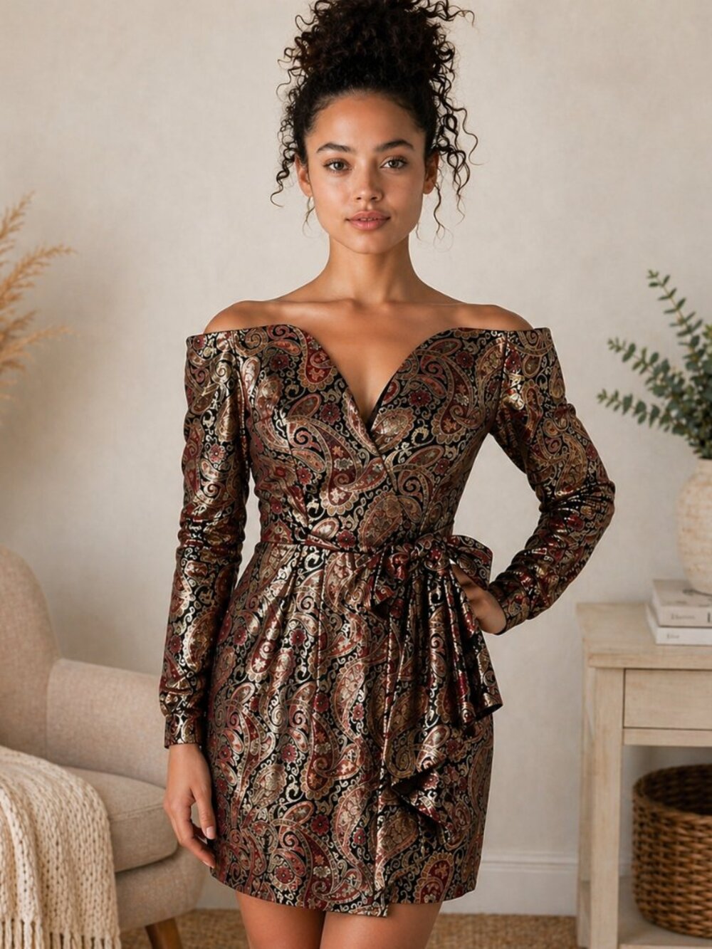 Vintage Victor Costa Paisley Brocade Dress Sz 4 Strapless Puff Sleeve Boning